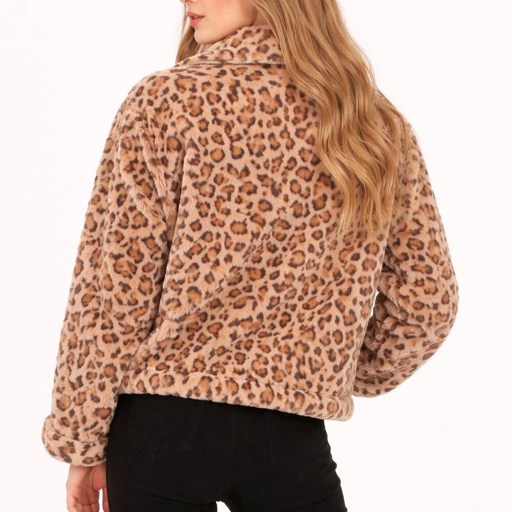 Leopard Faux Fur Jacket Women Plush Zip Front Winter Coat - Picture 5 of 9